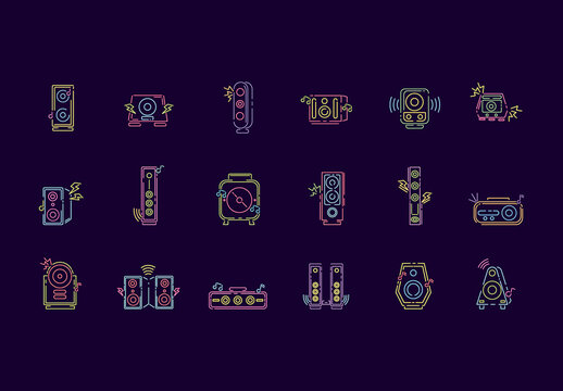 Neon Glowing Speaker Device Line Art Icons Set