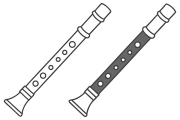 Isolated musical instrument showing line art clarinet with grey clarinet side by side on white