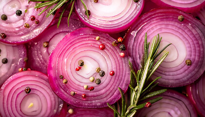 close up of pickled red onions with rosemary and spices vibrant pink color glossy texture and delicious seasoning ideal for culinary and food backgrounds