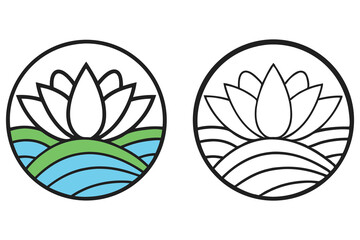 Lotus flower blooms above rippling water and verdant land within a perfect circle