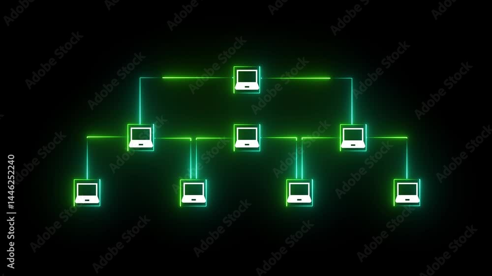 Poster network communication with laptop technology background. neon glowing computer network icon animatio