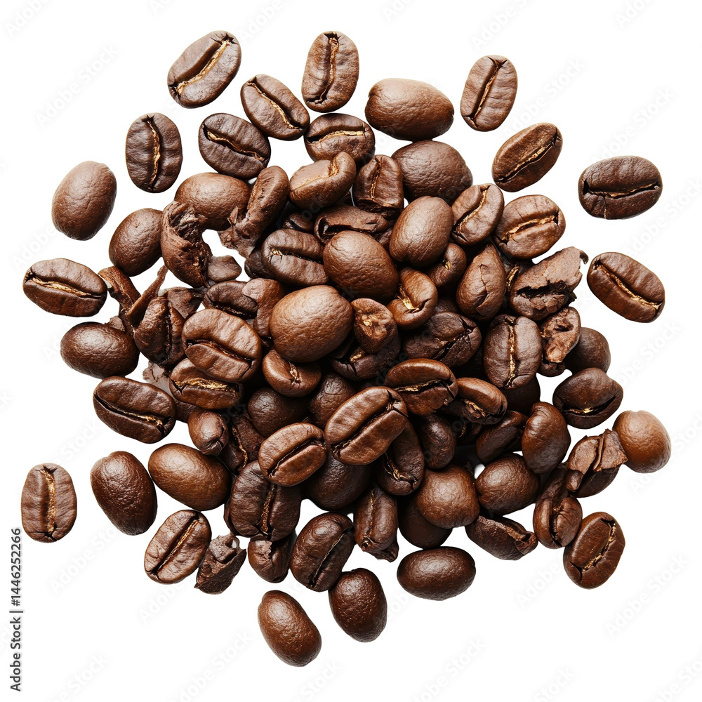 Poster coffee beans arranged on a transparent background showcasing their rich, dark color and unique shape