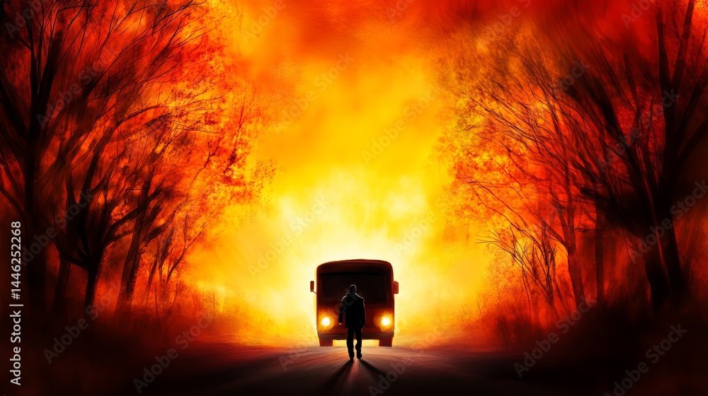 Poster man is walking towards a bus on a road lined with trees, all illuminated by a strong orange light.