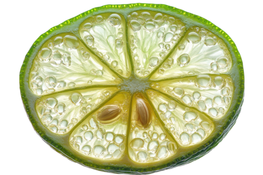 A vibrant lime slice glistening with tiny bubbles showcasing its juicy segments and seeds against a