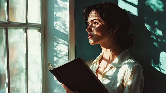 Woman lost in thought while reading by a sunlit window in dreamy ambiance with copy space for International Widows' Day