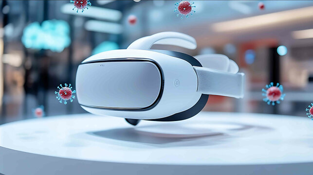 Public VR gaming station in mall headset and controllers on display table floating red and blue bacteria particles around hightouch surfaces