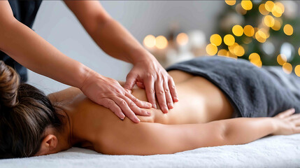 Fullbody view female Thai massage therapist using both hands with visible five fingers to press into a clients back muscles calm spa atmosphere