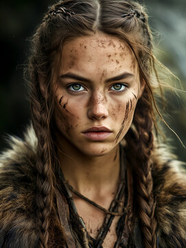 Realistic portrait of a young prehistoric female warrior with fur clothing, dirt-covered face, and intense gaze, set in a wild natural environment with cinematic lighting