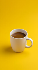 White Coffee Cup Filled with Hot Coffee on Bright Yellow Background