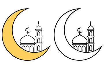 Ramadan crescent moon and mosque line art are displayed on a transparent background