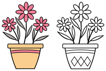 pink daisy plants grow side by side, one fully colored and one is a line drawing