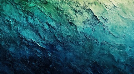 Abstract textured artwork in teal, green, and blue hues, resembling a deep ocean or rugged rock surface
