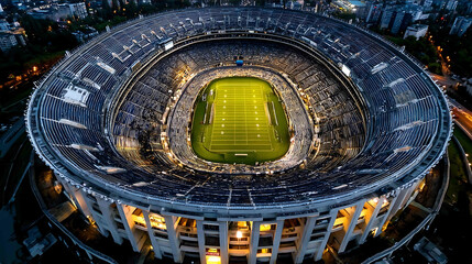 An aerial view of stadium seating on a football field at midday with chairs scattered in a chaotic but organized manner Some sections are brightened by daylight while others are ill
