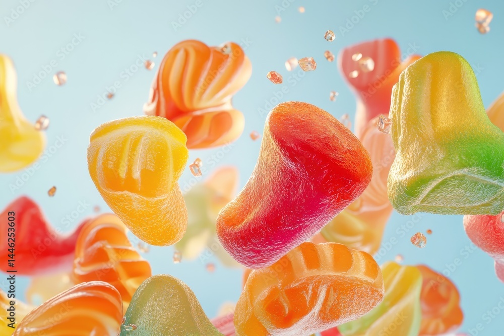 Poster colorful gummy candies collide in a playful display against a bright backdrop, abstract gummy candie