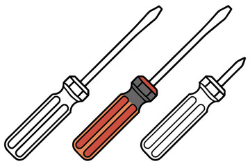 Three outlined flathead screwdrivers rest, with one having a colored handle, against a transparent backdrop