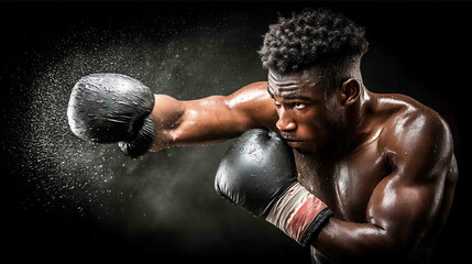 Black male boxer midair punch with sweat flying in dramatic lightingIMG_5346