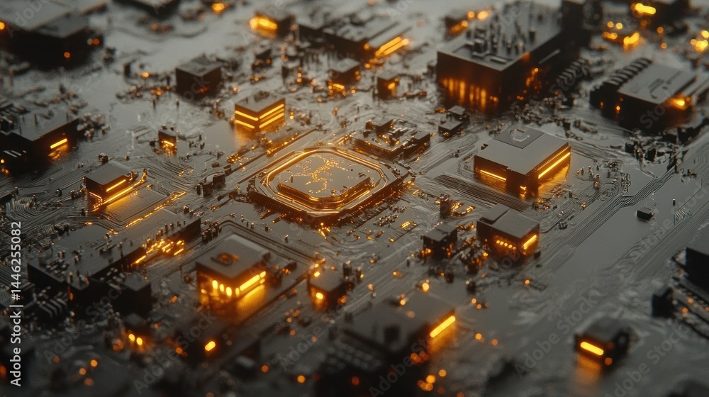 Poster intricate motherboard with glowing components suggesting advanced technology