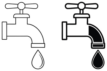Two faucets with dripping water droplets are displayed in outline and silhouette form