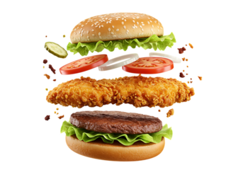 Exploded burger layers isolated on transparent background