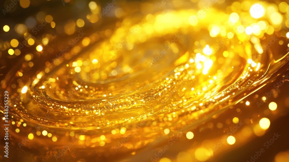 Poster Golden liquid swirls with glittery bokeh creating an elegant backdrop