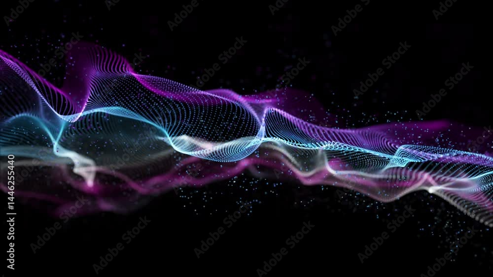 Poster futuristic video animation with particle wave object in slow motion, 4096x2304 loop 4k