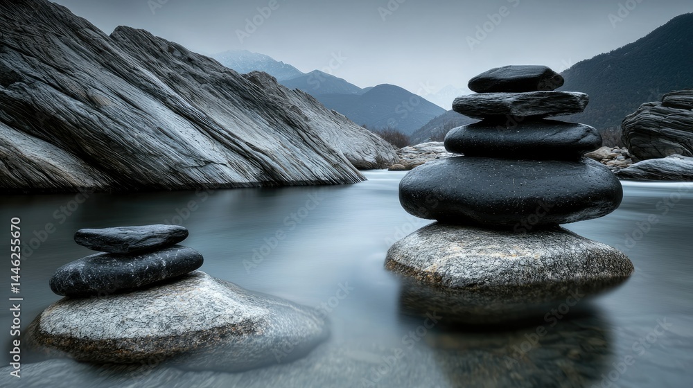 Poster Smooth balanced stones are stacked within a tranquil river setting