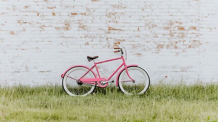 Pink bicycle parked in grassy field by a weathered wall.