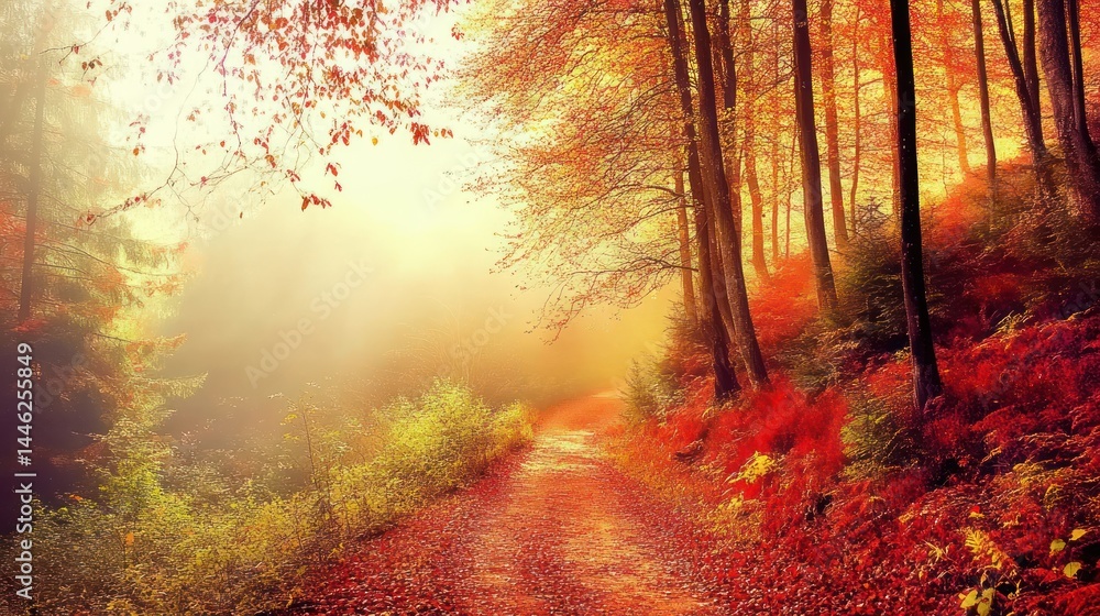 Poster Autumn path illuminated by sunlight through trees and falling leaves