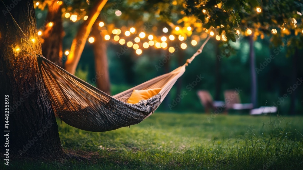 Poster Hammock strung between trees with glowing lights above outdoor scene