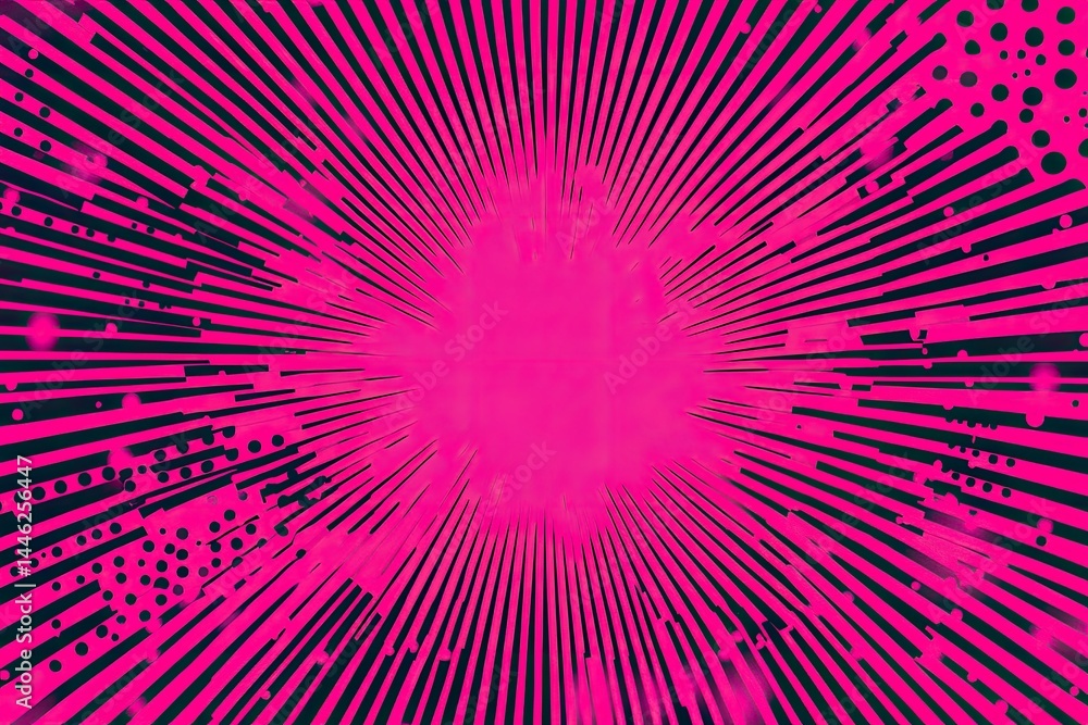 Poster radial burst with pink rays and dark spots on abstract backdrop radiating pattern
