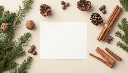 Blank paper surrounded by pine cones, cinnamon sticks, and sprigs, creating a rustic winter scene
