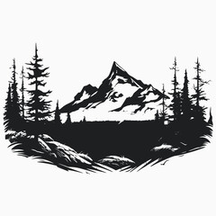 Mountain landscape forest nature trees peaks outdoor scenic black white silhouette wilderness vector art