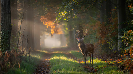Majestic deer in autumn forest sunlight magical moment nature's beauty