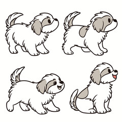 Cute Cartoon Shih Tzu Puppies Set with Different Poses, White and Grey Dog Outlines