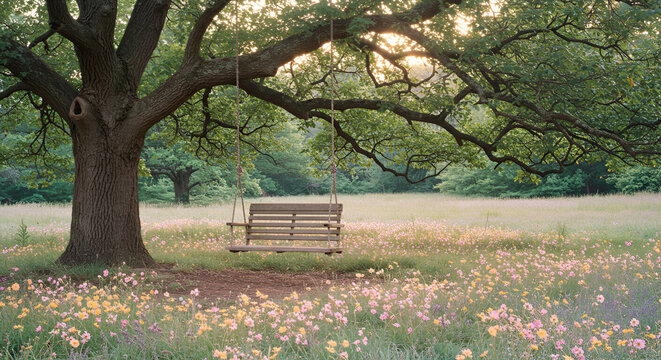 Idyllic Landscape With Swing Hanging From a Large Mature Oak Tree - Powered by Adobe