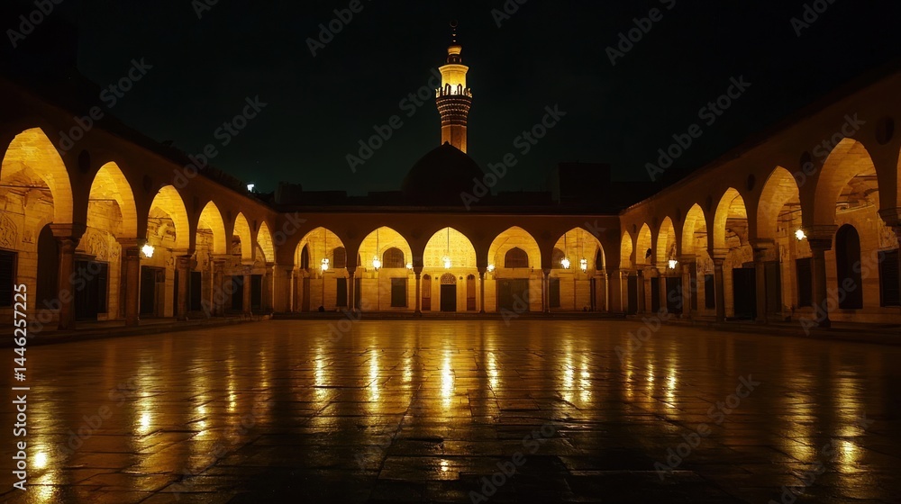 Aufkleber illuminated courtyard of a historic building featuring a minaret