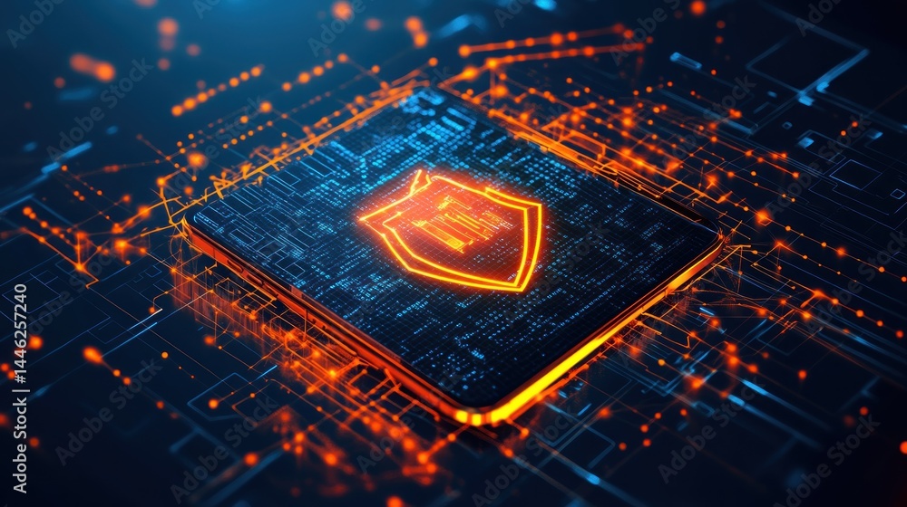 Poster digital security shield glowing on a futuristic circuit board