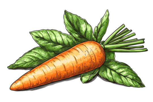 Vibrant orange carrot with lush green leaves detailed hand drawn illustration rich color and texture