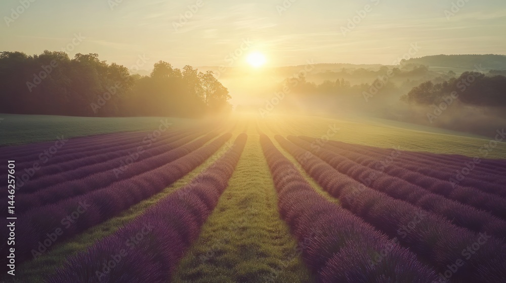 Aufkleber lavender field at sunrise with fog and trees in background