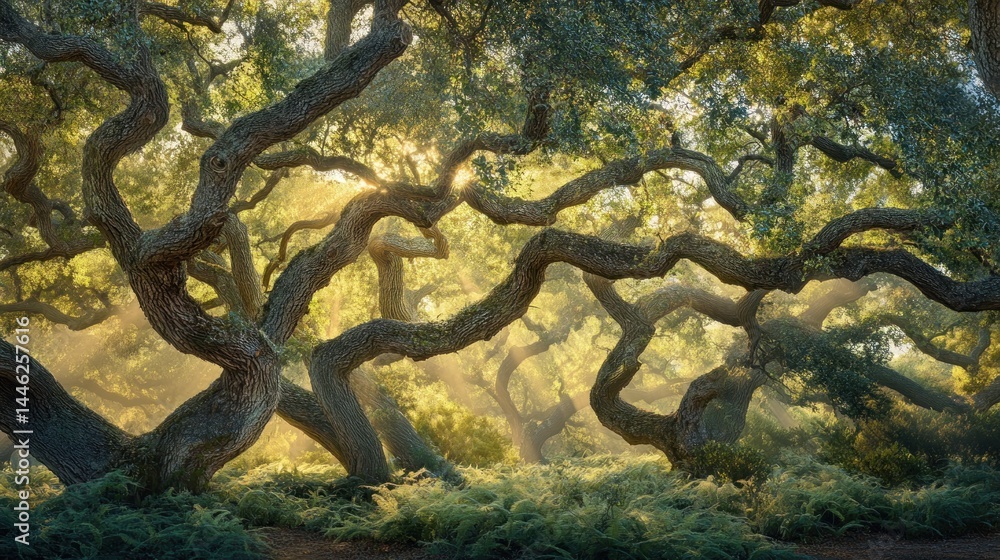 Aufkleber enchanting forest scene featuring twisting tree branches and sunlit ferns