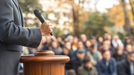 Speaker addresses large crowd outdoors from a wooden podium