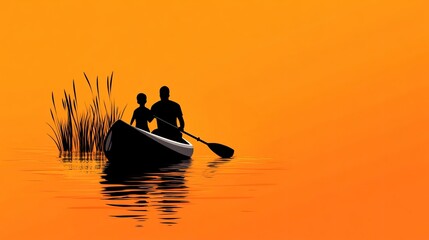 Silhouette of a father and son are canoeing on the water near tall reeds during an orange sunset.