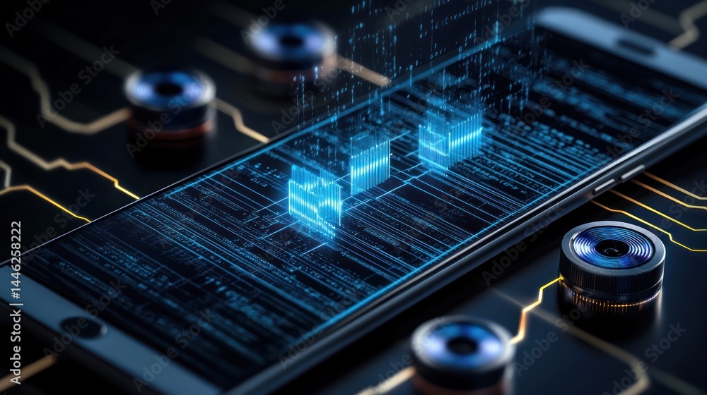 Poster Smartphone displaying blue digital data with components on circuit board