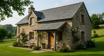 Fototapeta premium Idyllic Rural Retreat Charming Stone Cottage Exterior with Lush Green Lawn