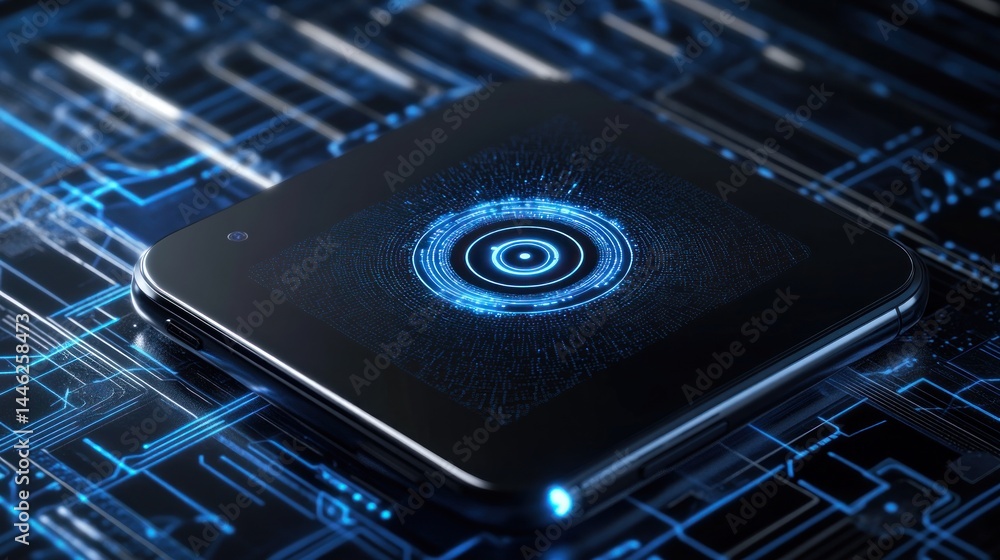 Poster sleek black modern smartphone displaying an advanced biometric technology