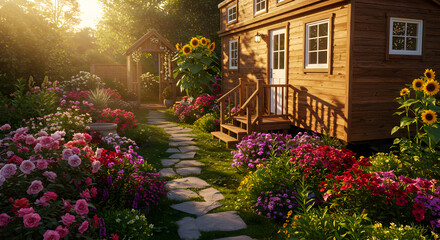Fototapeta premium Picturesque Tiny Home Amidst Blossoming Garden On Sunny Day