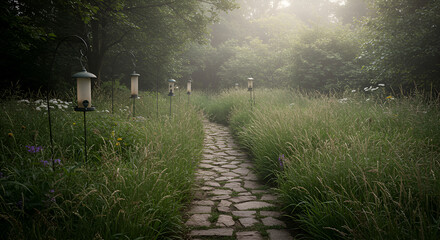 Mystical Path With Bird Feeders In Foggy Woodland Scenery