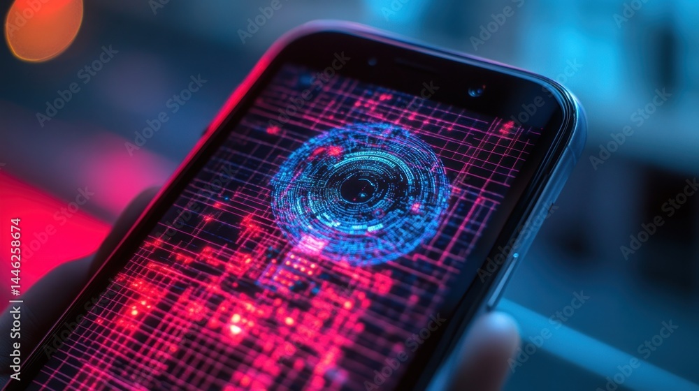Poster mobile phone displays an advanced circular technology graphic overlay