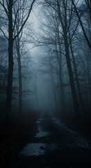 Obraz premium Foggy Dark Forest Trees Mystery Woodland Nature Landscape Spooky
