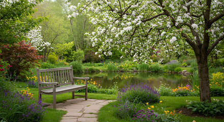 Fototapeta premium Idyllic Garden Scene with Blossoming Tree and Reflecting Pond Serenity